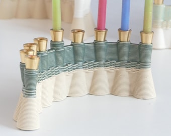 Hanukkah Menorah Modern Judaica -OOAK Early Bird Contemporary Judaica Chanukah gift -3D Printed Clay -Wavy in Green Glaze and Sand Shade