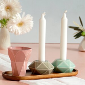 Shabbat Mystery Box- Set of Kiddush Cup & Hexagon candleholders, Geometric Design, Surprise Combination of Glaze Shades, with Bamboo Tray