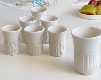 Modern Ceramic Set for Shabbat Table - Kiddush Cup and Six Small Goblets for Early Adopters - Early Bird Sale - 3D Printed Clay - Pearls