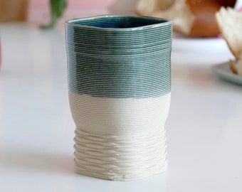 Kiddush Goblet for Early Adopters- 3D Printed Clay Shabbat Kiddish Cup Square with Weaving Pattern- with Emerald Glaze,  Early Bird 25% Off