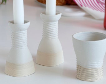 Early Bird Sale, Shabbat Table Set of Kiddush Cup and Pair of Candlesticks- Square Shape Weaving Pattern 3D Printed Clay Beige and Off-white