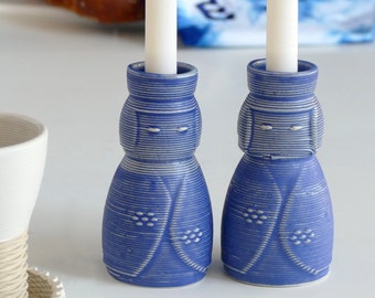 Pair of Shabbat Candleholders, Off White Ceramic with Blue Glaze, Early Bird Sale, 3D Printed Clay Candlesticks, Inspired by Kokeshi Doll,