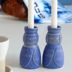 Pair of Shabbat Candleholders, Off White Ceramic with Blue Glaze, Early Bird Sale, 3D Printed Clay Candlesticks, Inspired by Kokeshi Doll,
