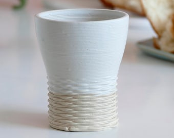 Early Bird Sale - 3D Printed Clay Shabbat Kiddush Cup - OOAK Goblet for Early Adopters -Modern Ceramic - Layers Pattern- Beige and Off White