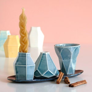 New Color SALE - Modern Havdalah Set, in Blue Jean and Black, Geometric Ceramic Wine Cup, Candleholder, 'Besamim' Spices Holder and Plate