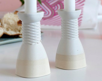 Early Bird Sale, Pair of Candlesticks - Square Shape Weaving Pattern 3D Printed Clay Beige and Off White