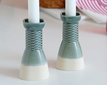 Early Bird Sale, Pair of Candlesticks - Square Shape Weaving Pattern 3D Printed Clay Beige and Emerald