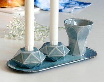 New Color SALE - Modern Judaica Shabbat Set, Pair of Hexagon Shabbos Candlesticks + Kiddush Cup + Oval Plate, Ceramic with Blue Jeans Glaze