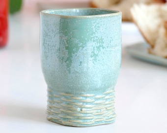 OOAK Early Bird 25% Off - Kiddush Cup for Early Adopters- 3D Printed Clay Shabbat Wine Goblet,Geometric Style, Clay with Turquoise Glaze