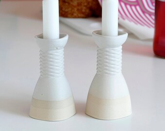 Early Bird Sale, Pair of Candlesticks - Square Shape Weaving Pattern 3D Printed Clay Beige and Off White