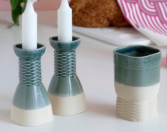 Early Bird Sale, Shabbat Table Set of Kiddush Cup and Pair of Candlesticks - Square Shape Weaving Pattern 3D Printed Clay Beige and Emerald