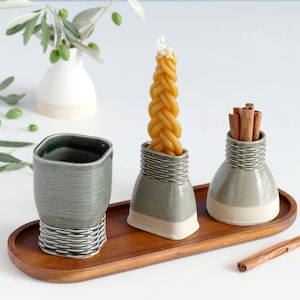 Havdalah Set, 3D Printed in Clay, Wine Cup, Besamim- Spices Holder, Candleholder, Gray and Sand Shade, with Bamboo Oval Plate