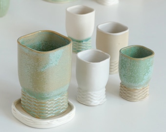 Mystery Box - Set of Kiddush Cups - 1 Large, 4 Small and a plate, Box's Contents Stay the Same - the Glazes Varies in White and Mint Shades