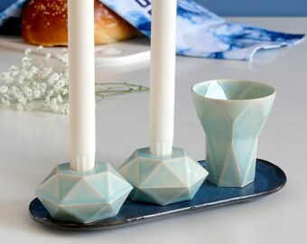 New Color SALE - Light Blue Shabbat Set, Pair of Hexagon Shabbos Candlesticks + Kiddush Cup + Oval Plate, Ceramic with Blue Glaze