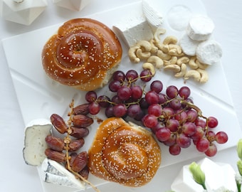 Challah Cheese and Fruit Board for Jewish Holiday Table, Rosh Hashanah gift, White Corian, Modern Minimalist Tray Ready to ship for Shavuot