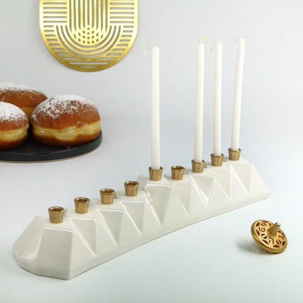 Chanukah Menorah, Jewish Gift, Judaica, Hanukkah Gift, Modern Menorah, Hanukkah Candelabra, Ceramic Menorah, White, with Brass Canes