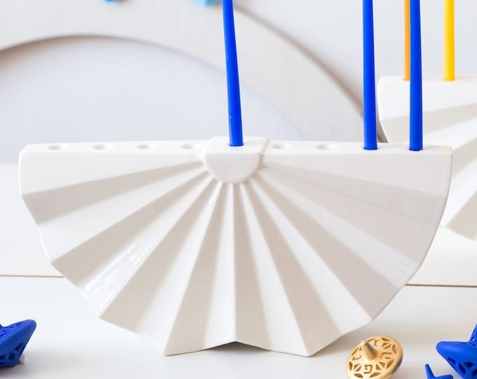 Modern Hanukkah Menorah- white ceramic Chanukia - Contemporary Judaica, Origami Menorah - Handmade in Israel