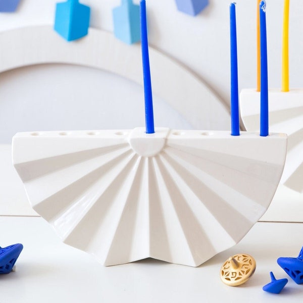 Modern Hanukkah Menorah- white ceramic Chanukia - Contemporary Judaica, Origami Menorah - Handmade in Israel