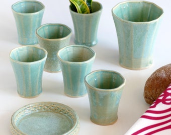 Modern Ceramic Set for Shabbat Table - Kiddush Cup and Six Small Goblets for Early Adopters - Early Bird Sale - 3D Printed Clay - Mint glaze