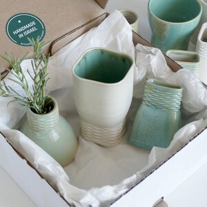 Havdalah Mystery Box Set of Wine Cup, Besamim Spices Holder and Candle Holder Surprise Glaze Shades in Mint Beige and and Off White image 9