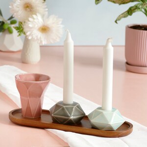 Shabbat Mystery Box- Set of Kiddush Cup & Hexagon candleholders, Geometric Design, Surprise Combination of Glaze Shades, with Bamboo Tray