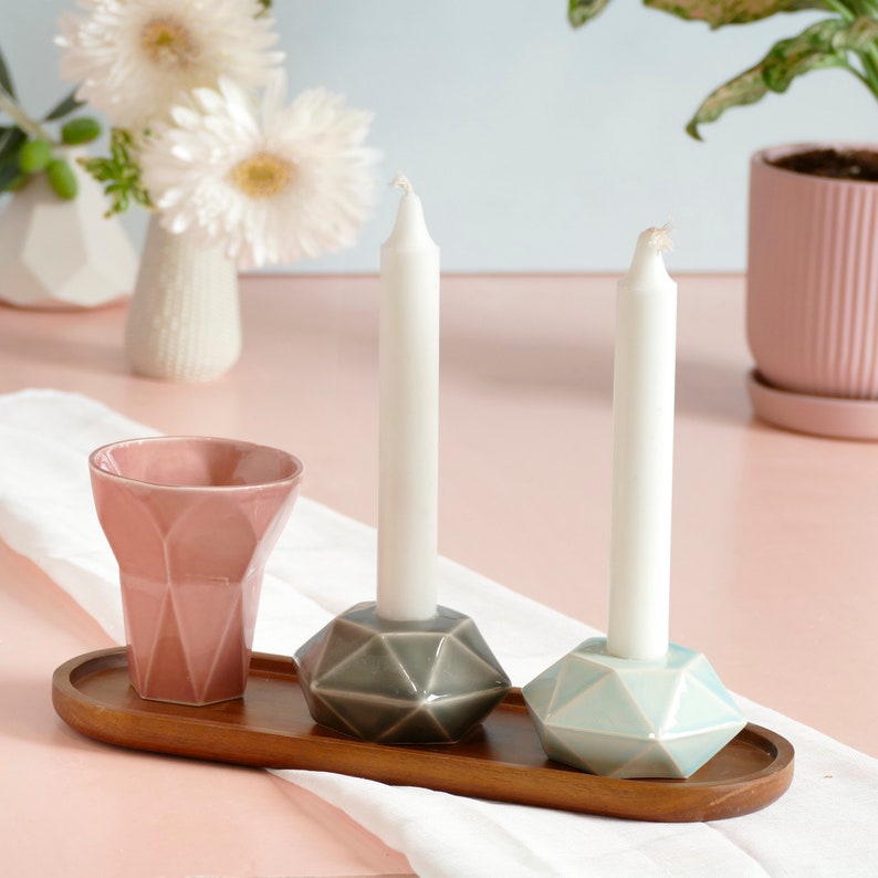 Shabbat Mystery Box- Set of Kiddush Cup & Hexagon candleholders, Geometric Design, Surprise Combination of Glaze Shades, with Bamboo Tray