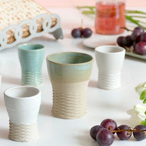 Shabbat Mystery Box- Family Set of Kiddush Cups- 1 Large Goblet, 4 Small, 3D Printed Clay, Surprise Glaze Shades, Off- White, Beige and Mint