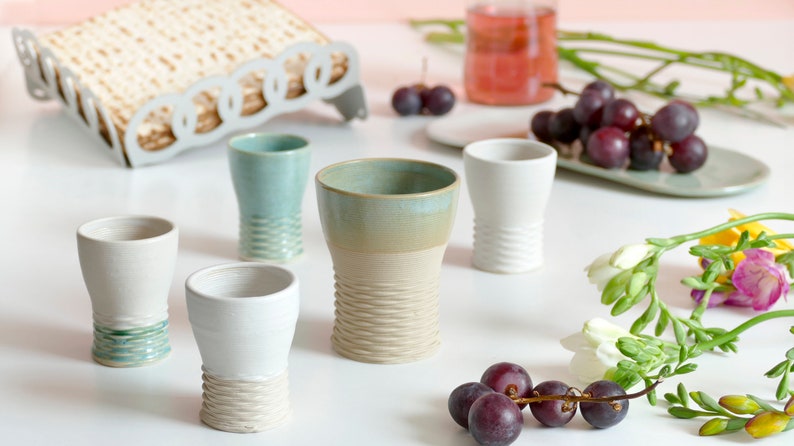 Shabbat Mystery Box- Family Set of Kiddush Cups- 1 Large Goblet, 4 Small, 3D Printed Clay, Surprise Glaze Shades, Off- White, Beige and Mint