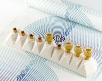 White Ceramic Origami Hanukkah Menorah, Handmade Oil Candle Menorah