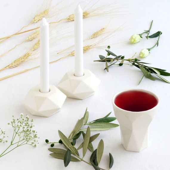 Modern Judaica Shabbat Set Jewish Wedding Gift Pair of Shabbos Candlesticks Handmade in Israel Kiddush Cup