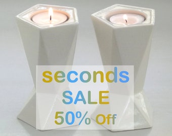 Imperfection Sale - 50% Off - Candlesticks, White Ceramic, Wedding Gift & Bat-Mitzvah Gift, Two Sided / Two Uses Candle Holders