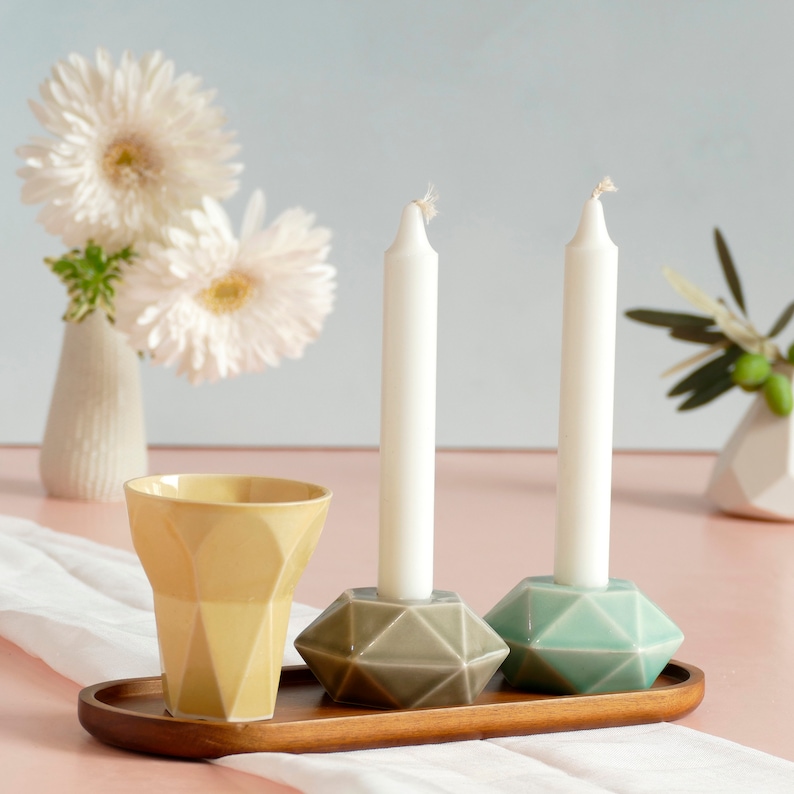 Shabbat Mystery Box- Set of Kiddush Cup & Hexagon candleholders, Geometric Design, Surprise Combination of Glaze Shades, with Bamboo Tray