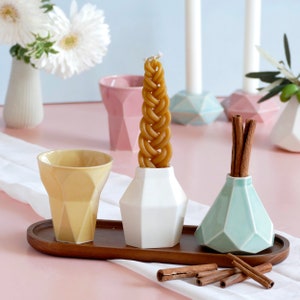 Havdalah Mystery Box Set of Wine Cup, Candle Holder, Spices Holder, Geometric Design, Surprise Combination of Glaze Shades, with Bamboo Tray