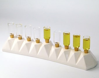 Hanukkah Oil Menorah, Modern geometric Judaica, White Ceramic with Brass Canes and Glass Cups, Contemporary Judaica, Handmade in Israel.