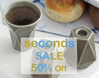 Imperfection Sale - 50% Off - Shabbat Set of Candlesticks and Kiddush Goblet, Geometric Design, Grey Ceramic