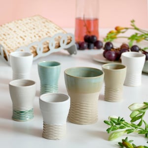 Shabbat Mystery Box- Family Set of Kiddush Cups- 1 Large Goblet, 4 Small, 3D Printed Clay, Surprise Glaze Shades, Off- White, Beige and Mint