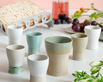 Shabbat Mystery Box- Family Set of Kiddush Cups- 1 Large Goblet, 4 Small, 3D Printed Clay, Surprise Glaze Shades, Off- White, Beige and Mint