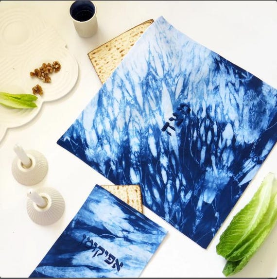 Matzah Cover Embroidered Blue Curlicues