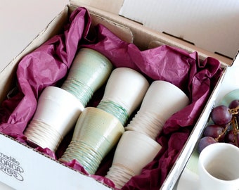 Mystery Box - Set of Small Kiddush Cups - Choose 4 or 6 Personal Kiddish Goblets, Glazes Varies in Off - White, Beige and Mint Shades