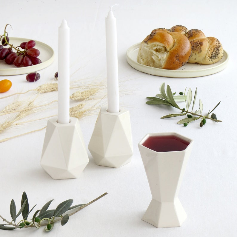 Modern Judaica Shabbat Set Jewish Wedding Gift Pair of Shabbos Candlesticks Handmade in Israel Kiddush Cup