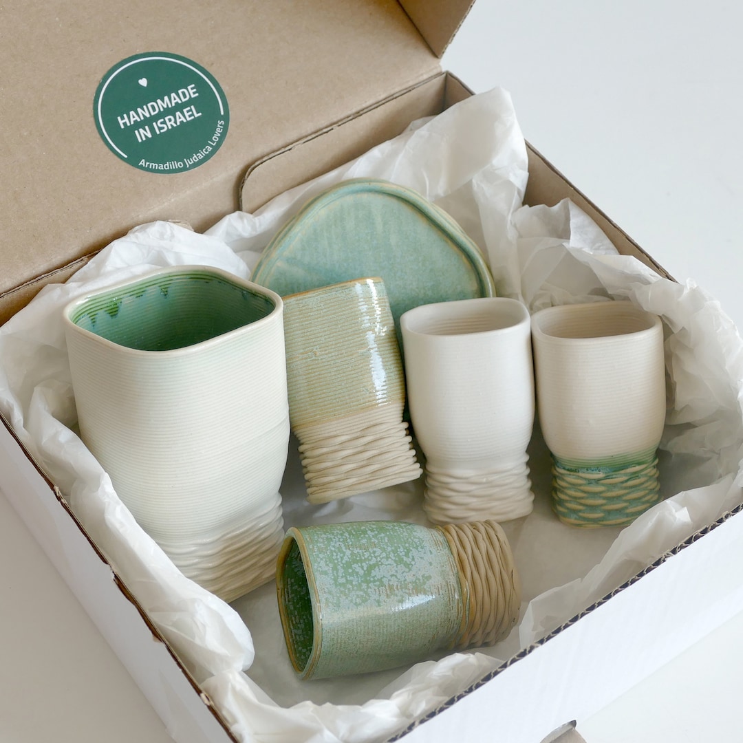 Mystery Box - Set of 1 Large Kiddush Cup, 4 or 6 Small cups. Box's Contents is Fix, the Glazes Varies in Off - White, Beige and Mint Shades
