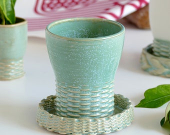 OOAK Early Bird Sale, Kiddush Cup, 3D Printed Clay with Mint glaze, Shabbat Wine Goblet with Matching Plate, Made in Israel