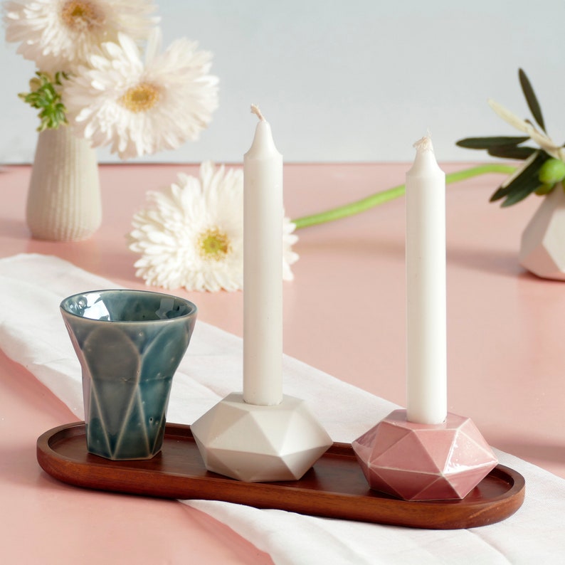 Shabbat Mystery Box- Set of Kiddush Cup & Hexagon candleholders, Geometric Design, Surprise Combination of Glaze Shades, with Bamboo Tray