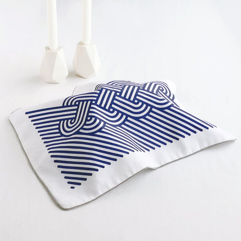 Shabbat Set of Corian Challah Tray and Linen Challah Cover for Shabbat Table, Navy Blue with Metal Ribbon - Special Price for First Pieces
