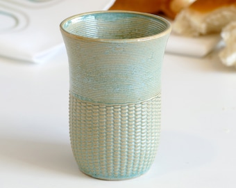 Early Bird Sale - 3D Printed Clay Shabbat Kiddush Cup - OOAK Goblet for Early Adopters -Modern Ceramic - Pearls Pattern - Mint Glaze