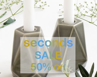 Imperfection Sale - 50% Off - Pair of Shabbat Candlesticks Ceramic with Grey Glaze, Geometric Candleholders Handmade in Israel