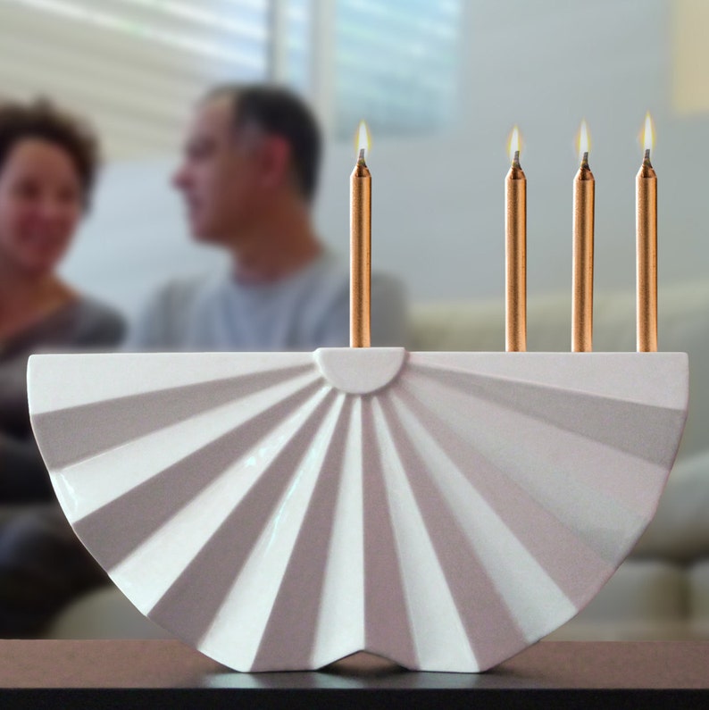 Hanukkah Menorah ,Modern geometric Judaica,White ceramic menorah, Origami Menorah image 4