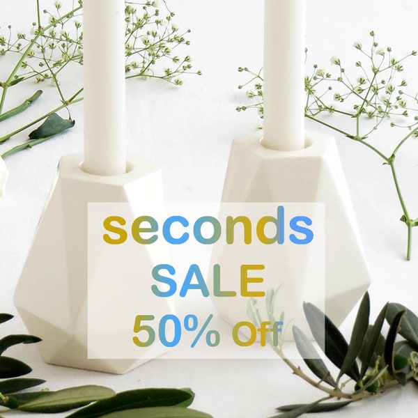 Imperfection Sale - 50% Off - Pair of Shabbat Candlesticks White Ceramic, Geometric Candleholders Handmade in Israel