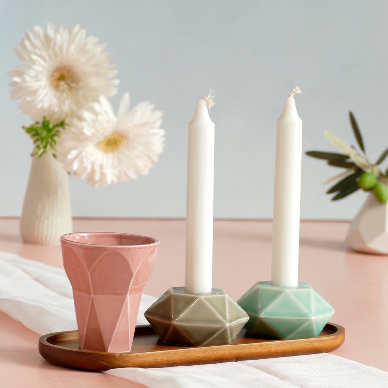 Shabbat Mystery Box- Set of Kiddush Cup & Hexagon candleholders, Geometric Design, Surprise Combination of Glaze Shades, with Bamboo Tray