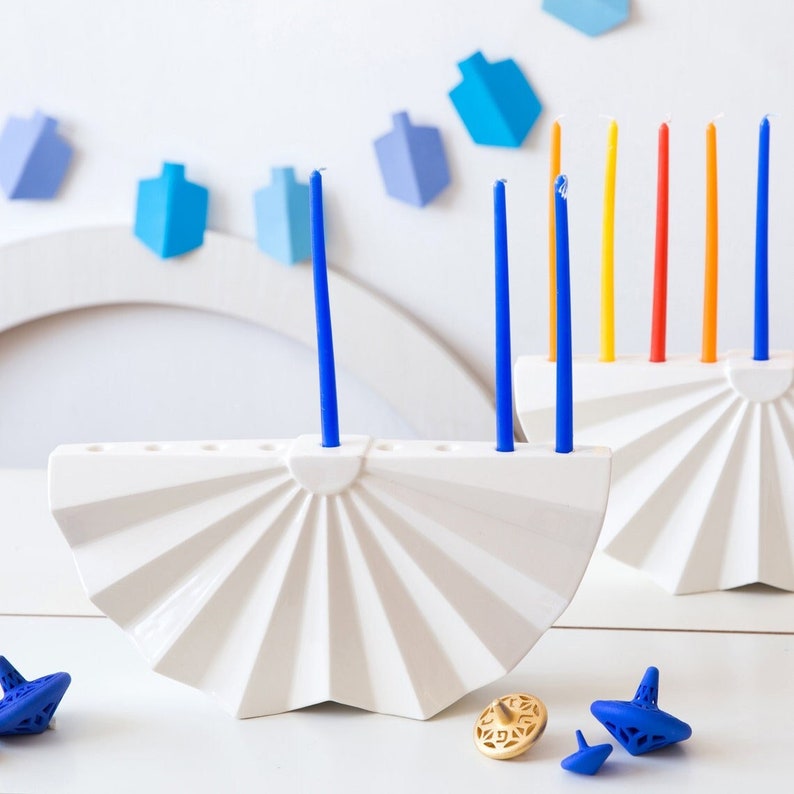 Modern Hanukkah Menorah white ceramic Chanukia Contemporary Judaica, Origami Menorah Handmade in Israel image 1